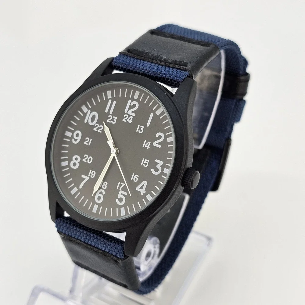 Men's‎ Field Military Watch 42MM Black Dial Dark Blue Nylon Bands New Battery